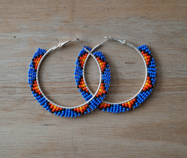 Large Dark Blue Beaded Hoops